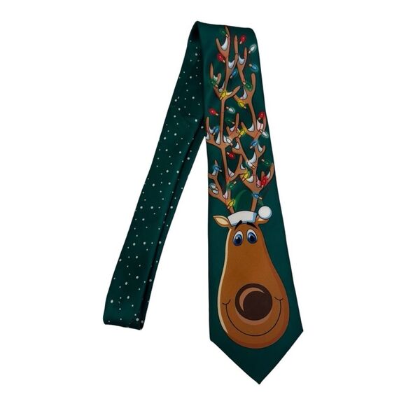 Green Reindeer Christmas Holiday Handmade 100% Silk Tie - Picture 1 of 4